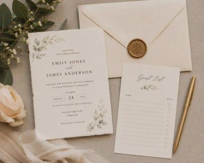 A wedding invitation and guest list card laid out with a pen, ready to be sent.