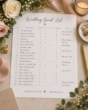 A handwritten wedding guest list card tracking invitations, RSVPs, and dietary notes.