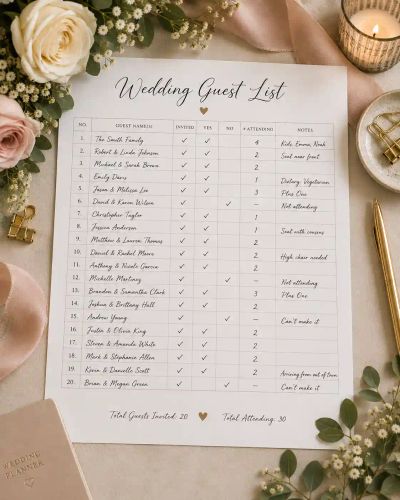 A handwritten wedding guest list card tracking invitations, RSVPs, and dietary notes.