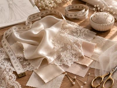 Silk and lace fabric swatches arranged with a tape measure and pins.