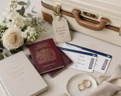 A cream suitcase with two UK passports, boarding passes, wedding rings, and a wedding planning notebook, styled as a travel still life.