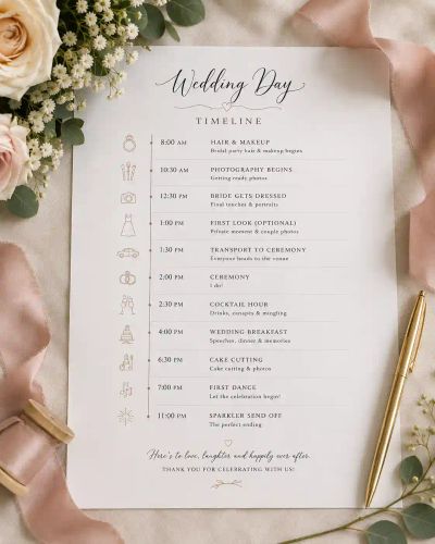 A 'Wedding Day Timeline' card listing the day's schedule from hair and makeup through to the sparkler send-off.