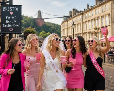 A hen party group in matching pink outfits and 'Team Bride' sashes walking through Bristol, past a sign reading 'Perfect Hen Do Destination'.