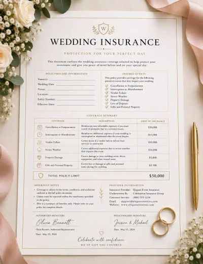 A wedding insurance policy document listing coverage for cancellation, vendor failure, severe weather, and other insured events.