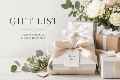 Wrapped wedding gifts tied with ribbon beside a 'Gift List' sign and a 'Thank You' tag.
