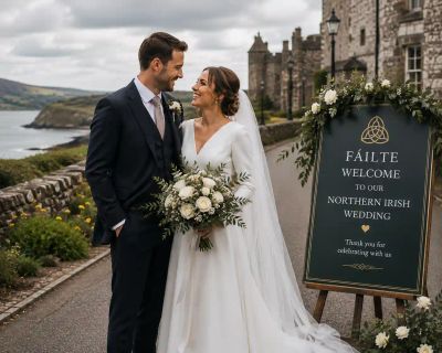 A bride and groom smiling together beside a Northern Irish castle and coastline, next to a 'Fáilte - Welcome to our Northern Irish Wedding' sign.