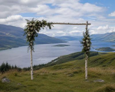 A simple wedding arch set up on a Scottish hillside overlooking a loch.