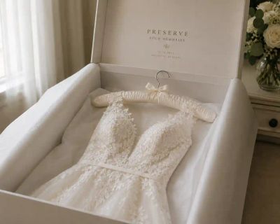 A lace wedding dress laid on a padded hanger inside an open acid-free preservation box.