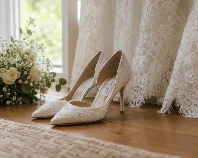 A pair of embellished bridal heels standing on a wooden floor beside a lace wedding dress and bouquet.