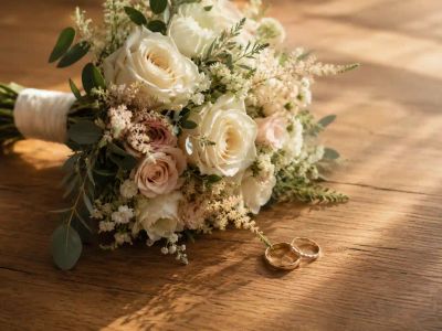 A bridal bouquet and two wedding rings resting on a table in soft natural light.