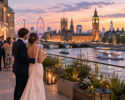 A bride and groom on a rooftop terrace at dusk, overlooking the Thames with Big Ben and the London Eye in the background.