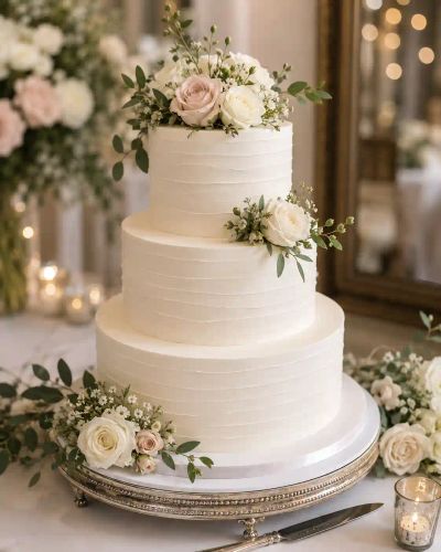 A three-tier white wedding cake decorated with fresh roses, displayed on a silver cake stand.