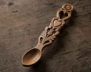 A traditional hand-carved Welsh love spoon resting on a wooden surface.
