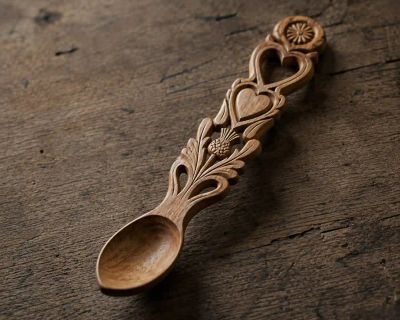 A traditional hand-carved Welsh love spoon resting on a wooden surface.