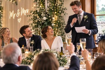 The groom giving a speech with a microphone at the top table, as the bride and bridal party laugh and raise their glasses.