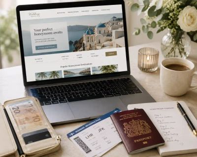 A laptop open on a honeymoon booking website, next to a travel wallet of cash, boarding passes, a passport, and a handwritten honeymoon itinerary.