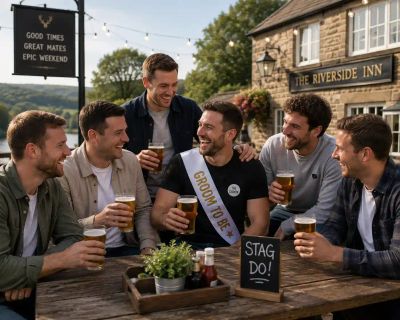 A group of friends raising pints outside a pub, with the groom-to-be wearing a 'Groom to Be' sash beside a 'Stag Do!' sign.