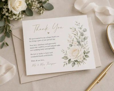 A floral 'Thank You' card from the newlyweds, resting on its envelope beside a pen.