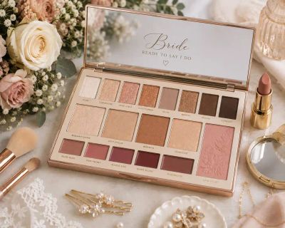 An open bridal makeup palette labelled 'Bride, Ready to Say I Do' surrounded by brushes, lipstick, and hair accessories.