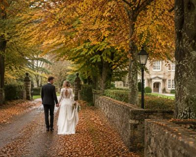 A bride and groom walking hand in hand along an autumn-leaf-covered driveway lined with golden trees.