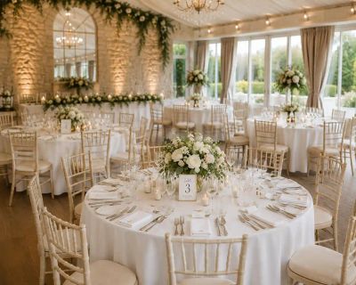 A reception room set with round tables, white linens, and floral centrepieces ahead of guests arriving.