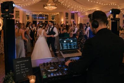 A wedding DJ mixing music on a laptop and controller, with the bride and groom dancing among guests in the background.