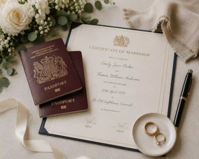Two UK passports resting on a marriage certificate, alongside wedding rings and white flowers.