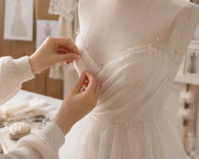 A dressmaker's hands pinning fabric on a dress form during a fitting.