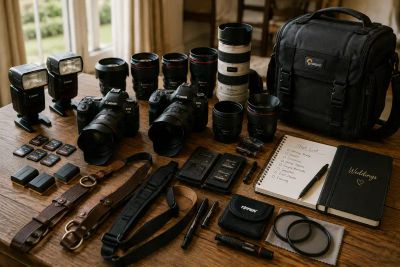 A wedding photographer's kit laid out on a table, including two cameras, lenses, flashes, memory cards, and a shot-list notebook.