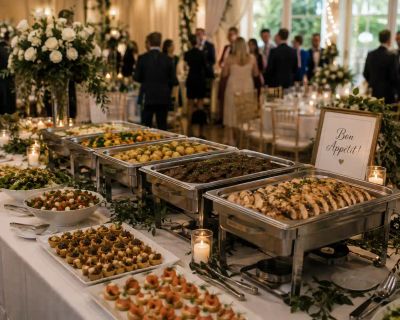 A wedding buffet spread of salads, canapés, and mains in chafing dishes, with a 'Bon Appétit!' sign on the table.
