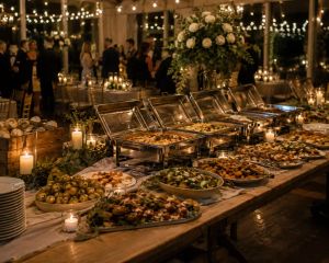 A late-night buffet table of canapés and sharing plates lit by candles, with guests mingling in the background.