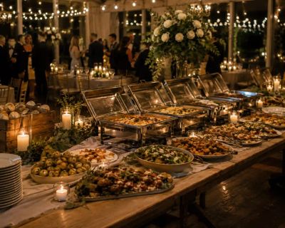 A late-night buffet table of canapés and sharing plates lit by candles, with guests mingling in the background.
