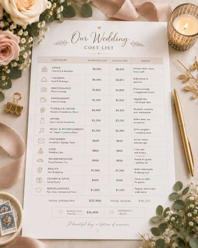 An 'Our Wedding Cost List' card itemising estimated and actual costs by category, with a running total at the bottom.