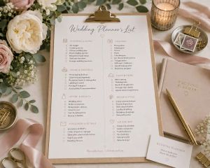 A 'Wedding Planner's List' checklist clipped to a board, organised by planning, venue, attire, stationery, vendors, food, décor, and on-the-day categories.