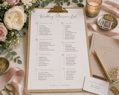 A 'Wedding Planner's List' checklist clipped to a board, organised by planning, venue, attire, stationery, vendors, food, décor, and on-the-day categories.