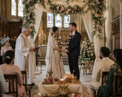 A bride in a sari and a groom exchanging vows under a floral canopy inside a church, with elements from two faith traditions displayed together.