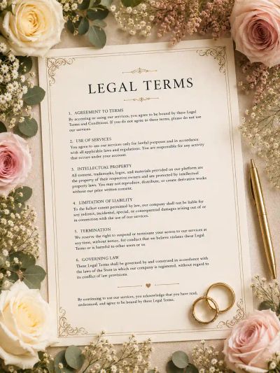 A document headed 'Legal Terms' bordered by roses and eucalyptus, with a pen and wedding rings resting on the page.