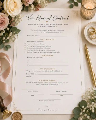A 'Vow Renewal Contract' document styled with roses, a candle, and wedding rings on a side plate.