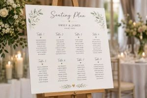 A wedding seating plan chart on an easel, listing guest names organised by table.
