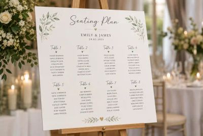 A wedding seating plan chart on an easel, listing guest names organised by table.