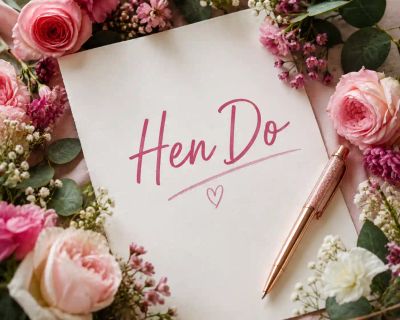 A handwritten 'Hen Do' note surrounded by pink roses and a rose-gold pen.