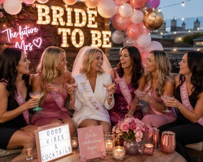A bride-to-be in a 'Bride to Be' jacket celebrating with her hen party under a lit-up 'Bride to Be' sign.