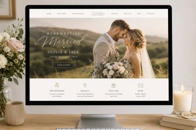 A wedding website homepage displayed on a desktop monitor, showing the couple's photo and navigation to details, gift list, and RSVP.