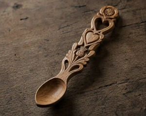 A carved Welsh love spoon displayed with a small flower posy.