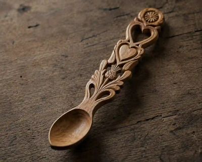 A carved Welsh love spoon displayed with a small flower posy.