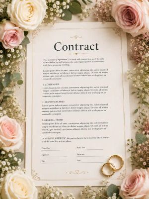 A formal contract document bordered by pink and cream roses, with a gold pen and wedding rings beside it.