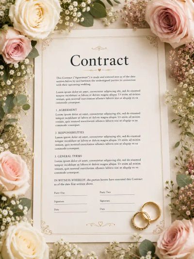 A formal contract document bordered by pink and cream roses, with a gold pen and wedding rings beside it.