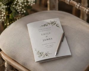 A printed wedding order of service booklet resting on a ceremony chair.