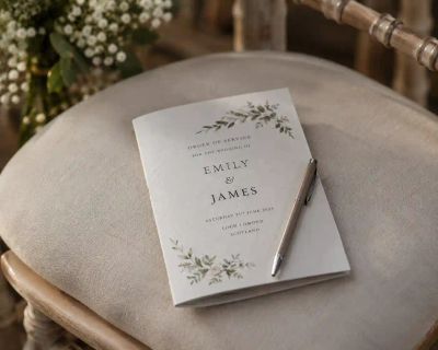 A printed wedding order of service booklet resting on a ceremony chair.