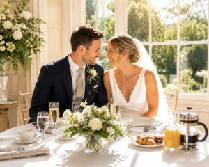 A bride and groom sitting close together at a table set for breakfast, with croissants, orange juice, and coffee, and a floral centrepiece between them.